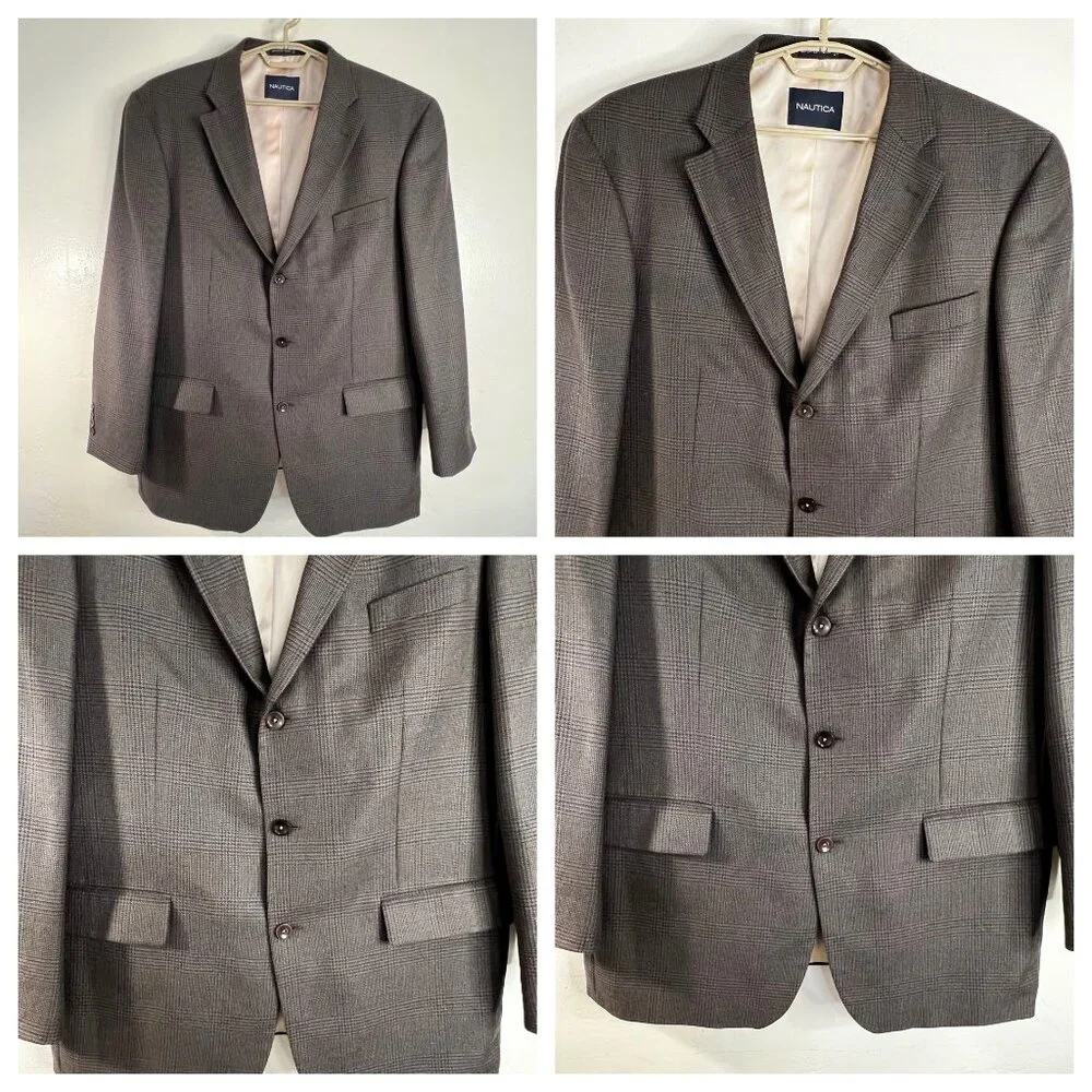 Nautica Mens Gray Tweed Plaid Wool Cashmere Blazer Jacket 46L Superior Tailoring